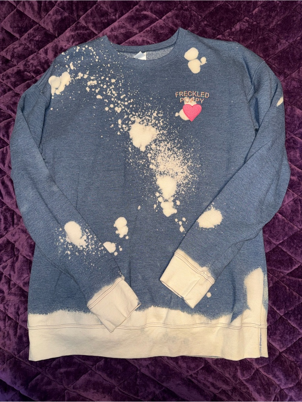 Freckled Poppy Denim Blue Crewneck Sweatshirt with bleach Splatter & Pink Heart